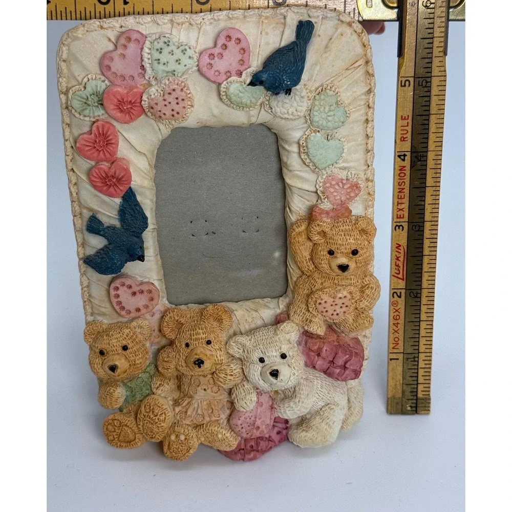 Vintage Fancy Frames 3D Resin Teddy Bear Picture Frame 1990s Heart Bird Detail